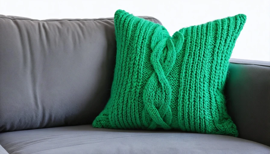 knitted yard pillow on couch photo realistic