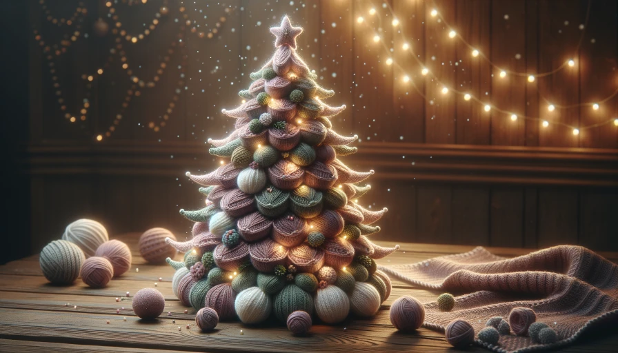 knitted yarn Christmas tree on table photo realistic