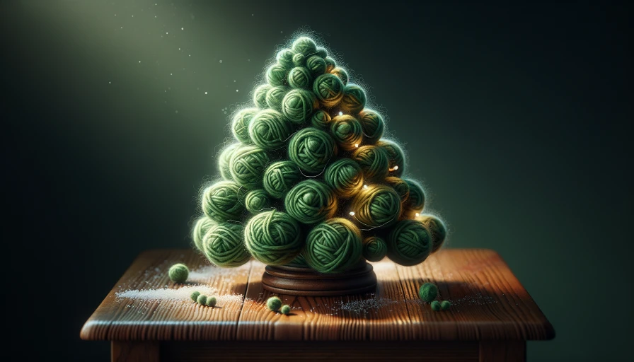 knitted yarn Christmas tree on table photo realistic