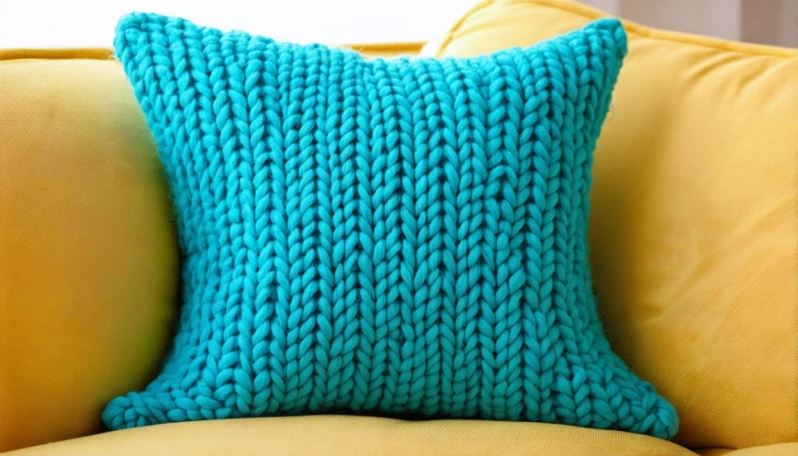 knitted yarn pillow on couch photo realistic