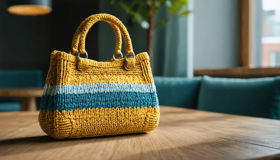 knitted yarn purse on table photo realistic