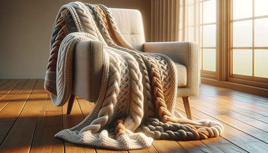 wool knitted blanket photo realistic hanging off chair