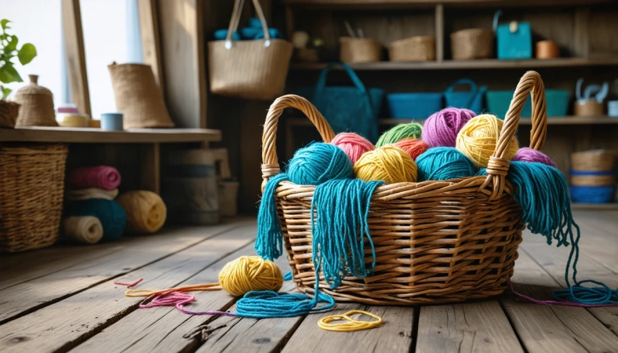 messy basket of yarn in a well lit craft room. photo realistic