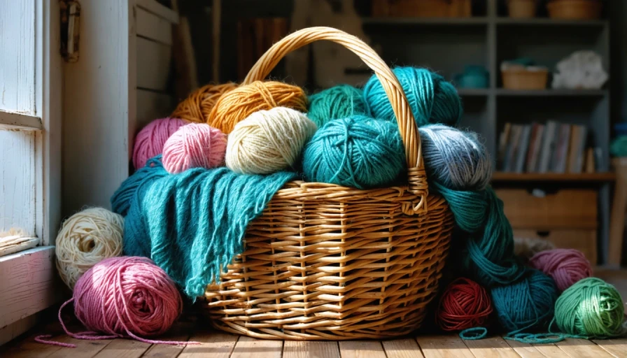 messy, full, overflowing basket of yarn in a brighly lit craft room. photo realistic