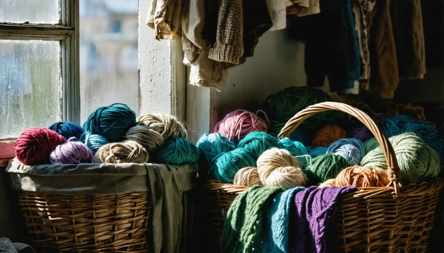 messy, full, overflowing basket of yarn in a well lit craft room. photo realistic