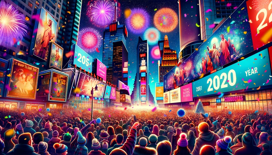 New year photo of Times Square with fireworks, confetti, and people celebrating