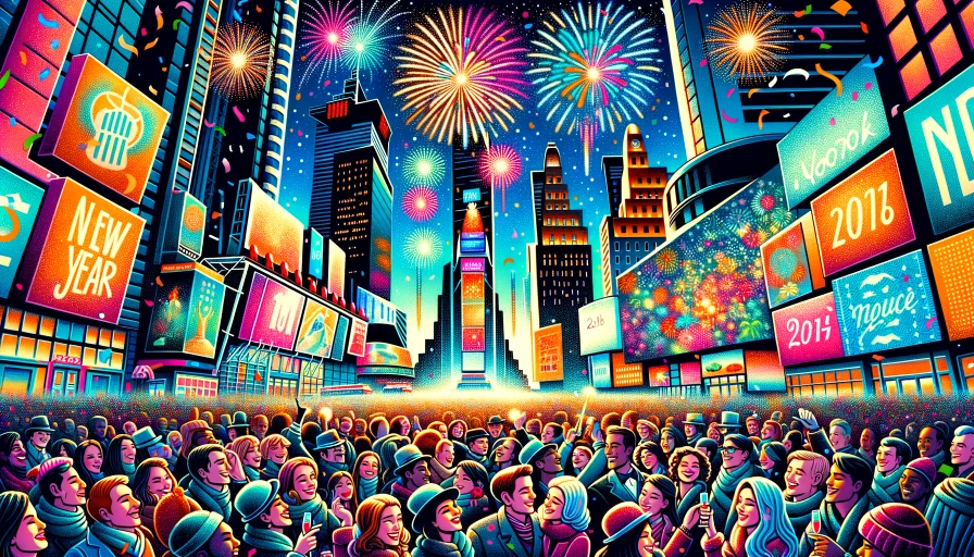 New year photo of Times Square with fireworks, confetti, and people celebrating