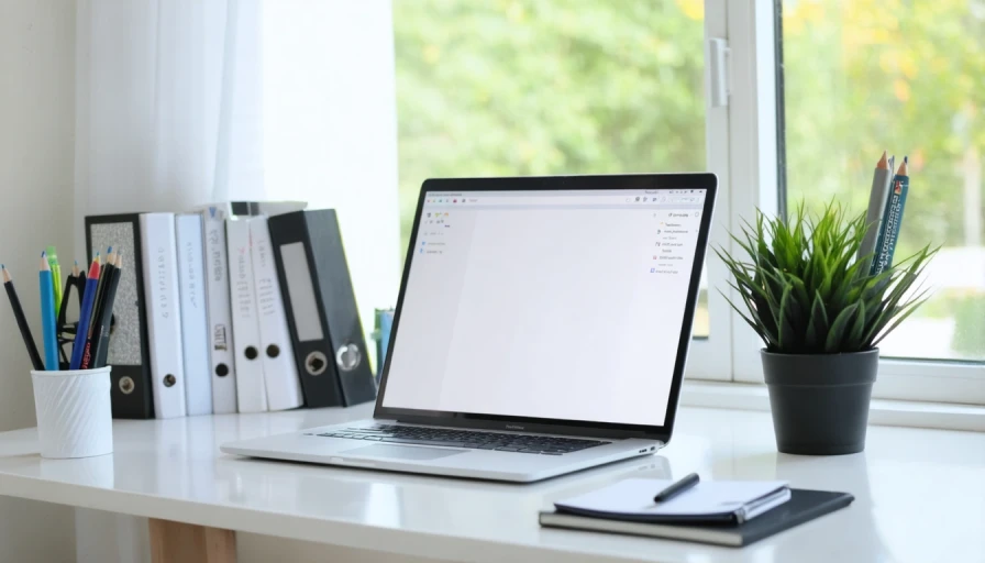 a bright, airy workspace with a laptop, a notebook, and a plant in the background—something that invokes calm and focus.