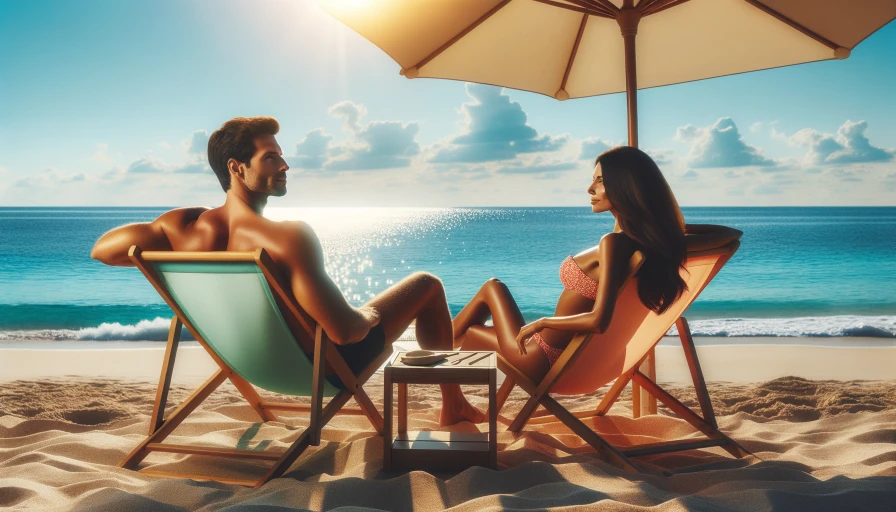 A man and woman relaxing on the beach in bathing suits while sitting in beach chairs and looking out at the ocean