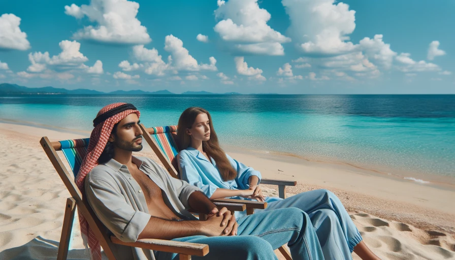 A man and woman relaxing on the beach while sitting in beach chairs and looking out at the ocean