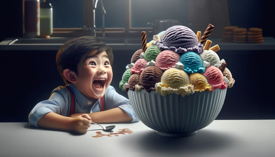 A massive bowl of ice cream and a kid ready to eat it gleefully smiling and drooling
