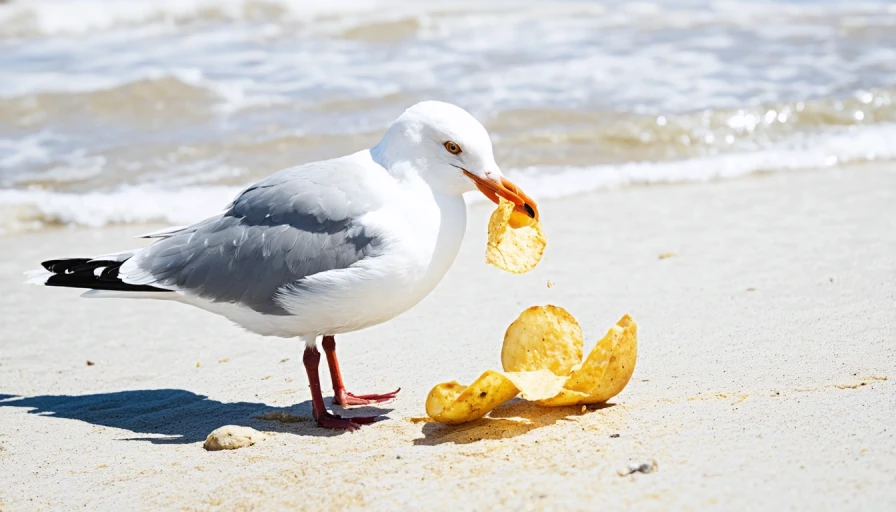 Make a photo of a seagull eating a potato chip on the beach, close up, realistic,