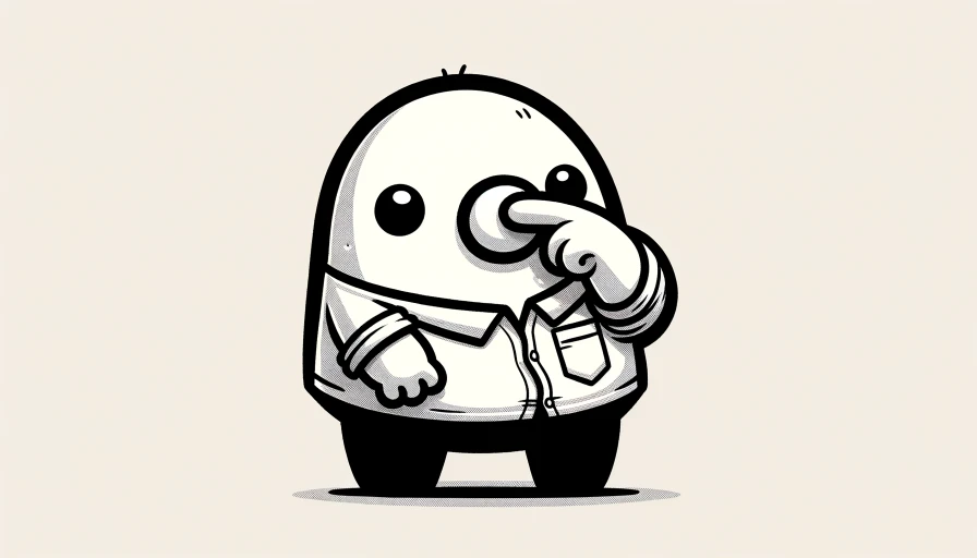 A fat misshapen cartoon wearing a shirt that's too small picking while his nose