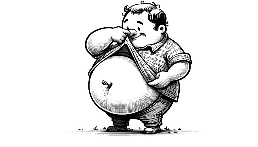A fat misshapen cartoon wearing a shirt that's too small picking while his nose