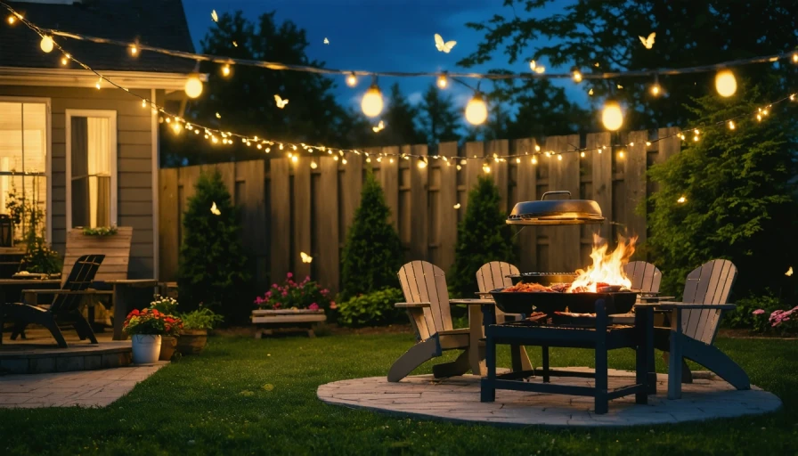 Night time backyard BBQ with string lights and fire flies