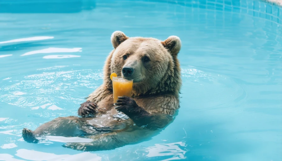 A bear floating in a swimming pool and sipping on a drink