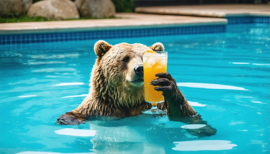 A bear floating in a swimming pool and sipping on a drink