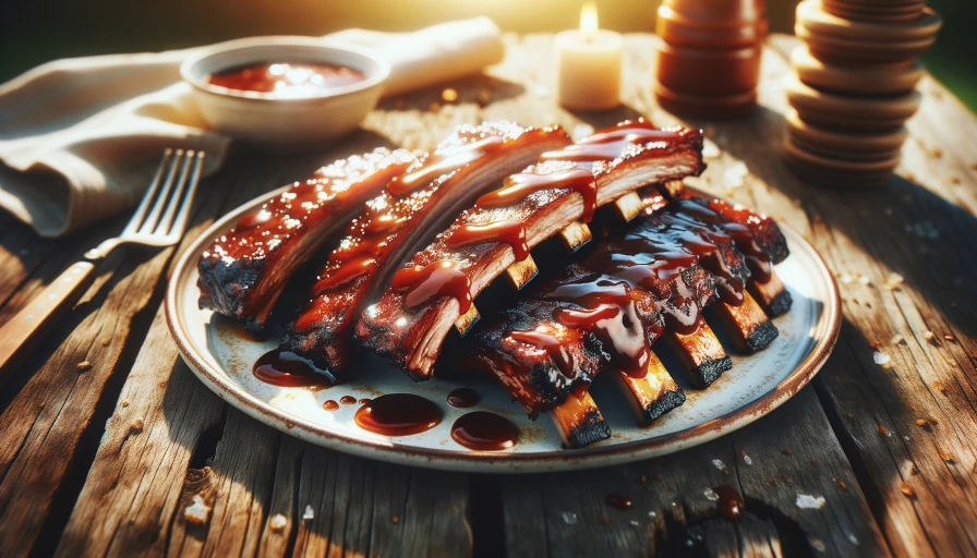 A plate of many juicy ribs dripping with bbq sauce on a plate, on a picnic table