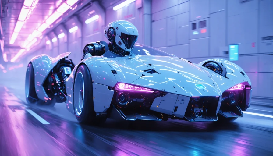cyberpunk robot with shiny metal body driving a futuristic car