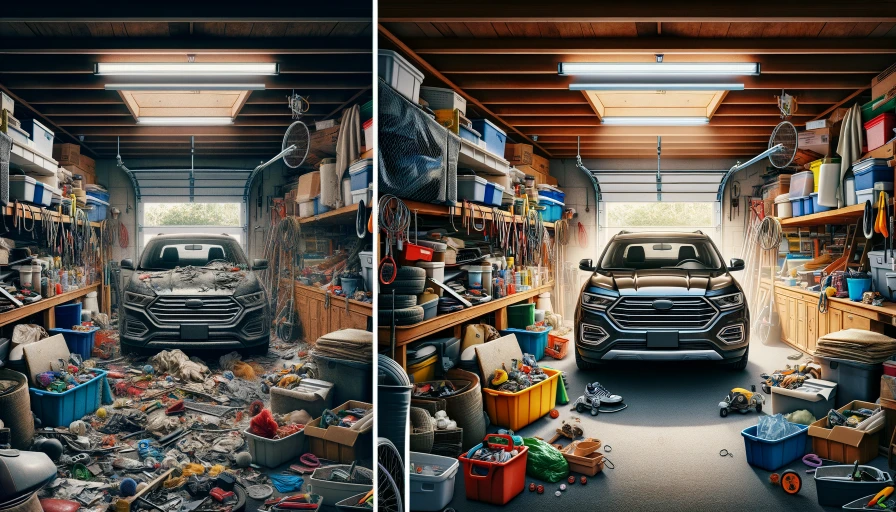 Make a before and after image of a messy garage and the same garage but clean. The image should be photo realistic. Dont include any people The garage should have 1 car and it should be the same car in both images. The after photo should be bright, c
