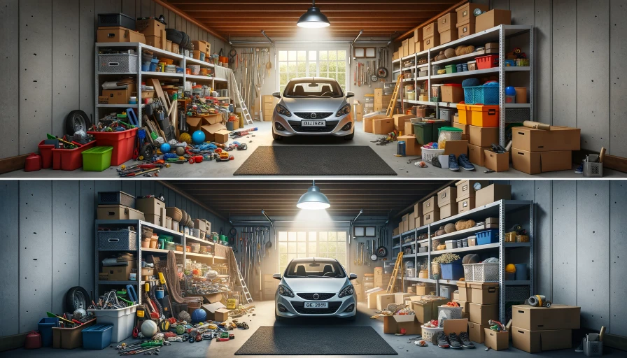Make a before and after image of a messy garage and the same garage but clean. The image should be photo realistic. Dont include any people The garage should have 1 car and it should be the same car in both images. The after photo should be bright, c