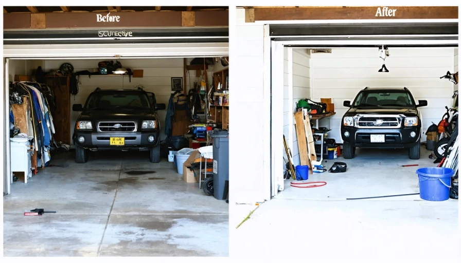 Before and after photo of a garage that was messy but is not clean. The color should be bright white lighting