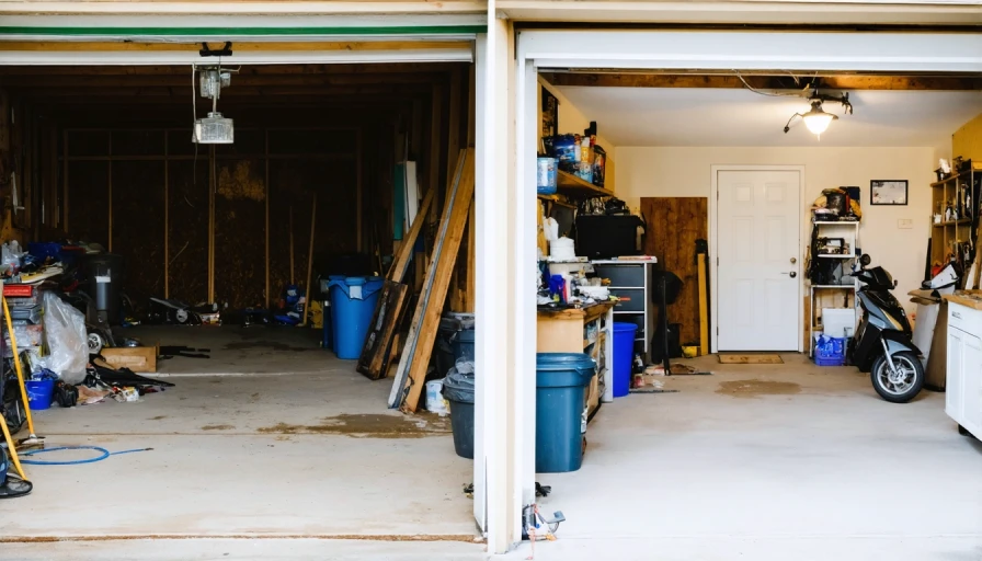 Photo panel of a messy garage, and second photo showing the garage clean
