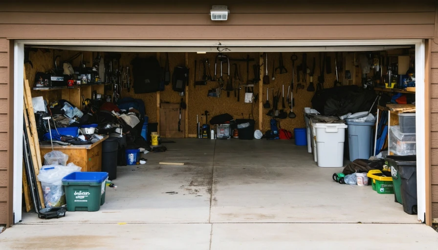 Photo panel of a messy garage, and second photo showing the garage clean