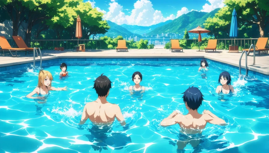Anime scene of people in a swimming pool on a hot sunny day