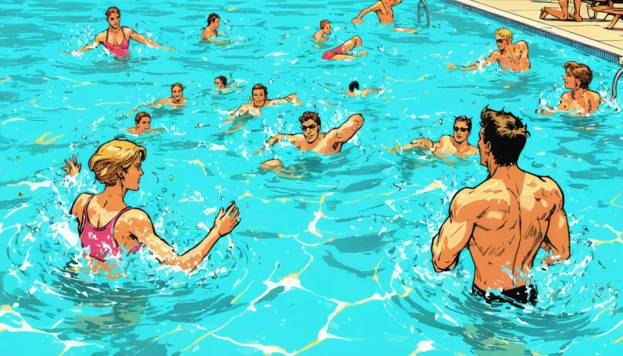 Comic book art of people in a swimming pool on a hot sunny day