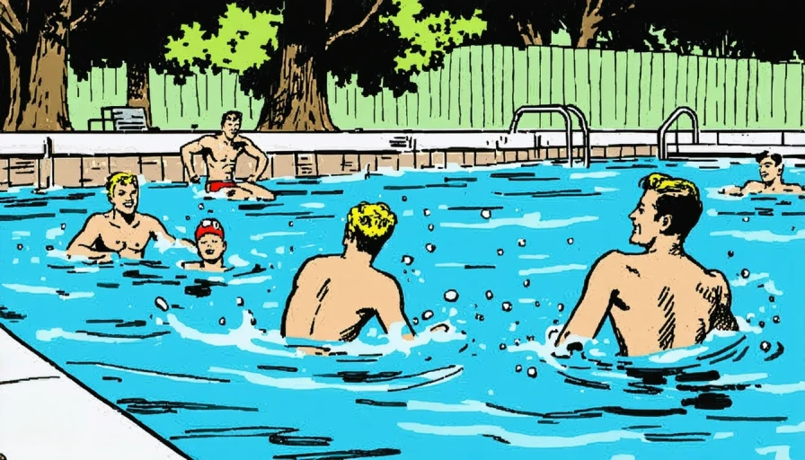comic book scene of people in a swimming pool on a hot sunny day