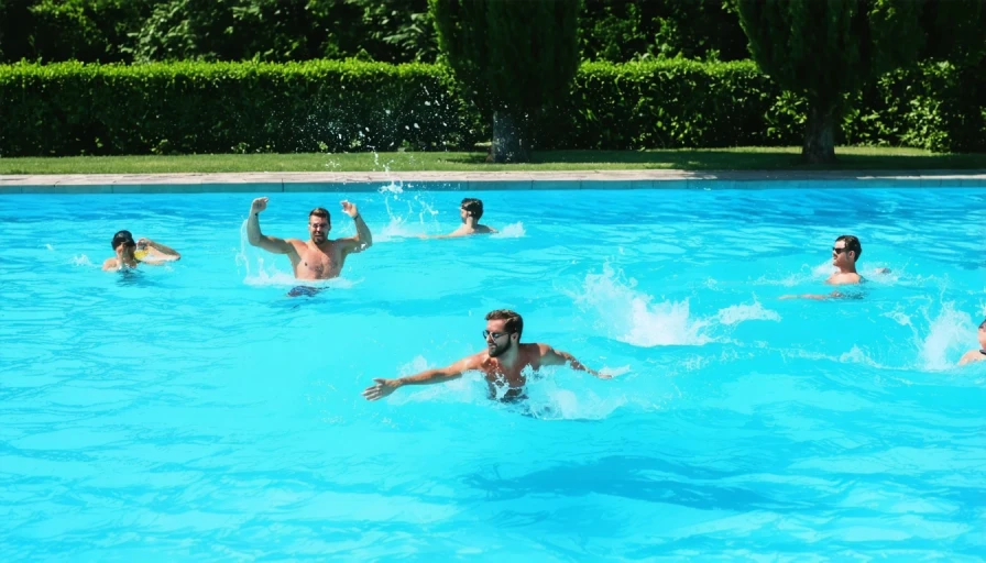Scene of people in a swimming pool on a hot sunny day in the art style of a comic