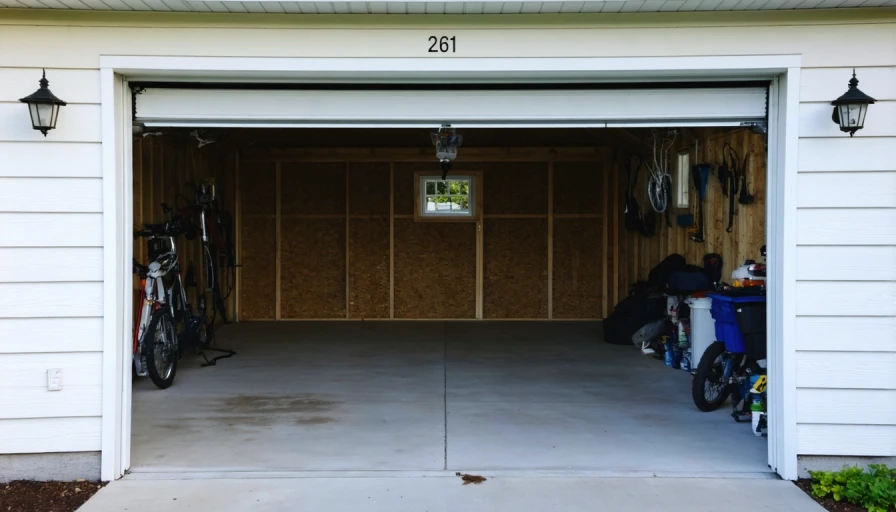 An open garage in the suburbs