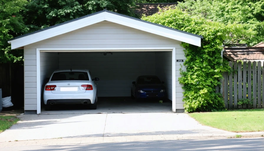 An open garage in the suburbs