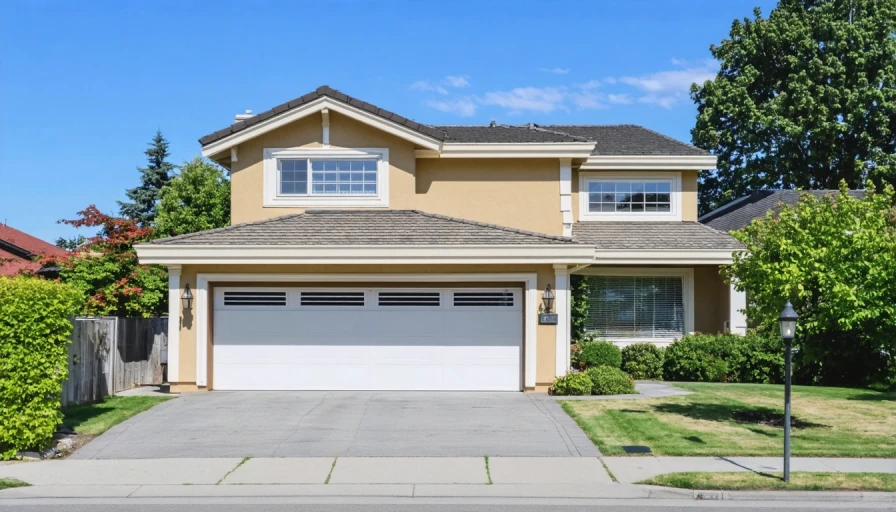 nice house in suburbs with garage door open