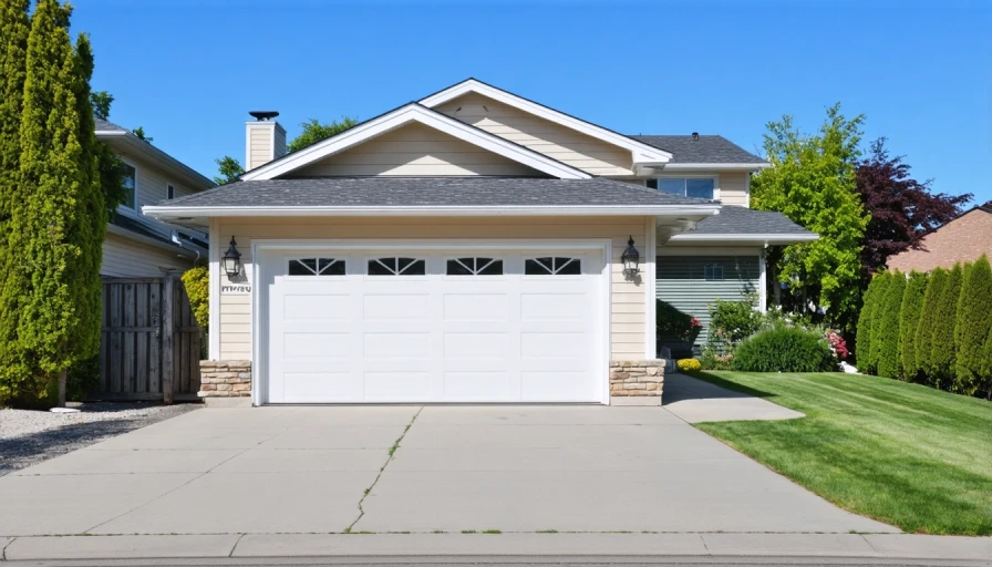 nice house in suburbs with garage door open