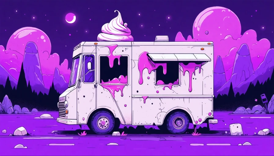 A creepy demented looking ice cream truck, dark purple sky, cartoon-like, kids, street, neigborhood
