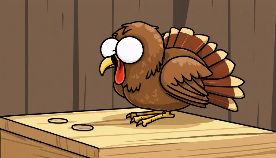 a cartoon image of a turkey, afraid, head on a chopping block, dead bloody turkey bodies spread around