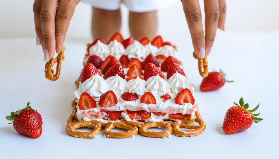 Strawberry pretzel salad with legs