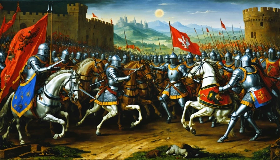 Painting style of Michelangelo, an epic scene of knights fending off a dragon on the bridge of a castle