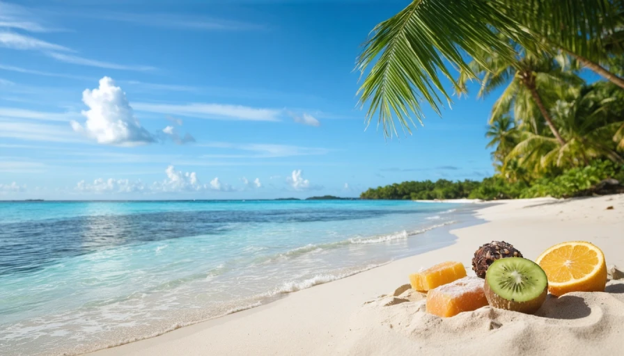 A beautiful beach scene on a tropical island with palm treats, clear blue water, 3 people