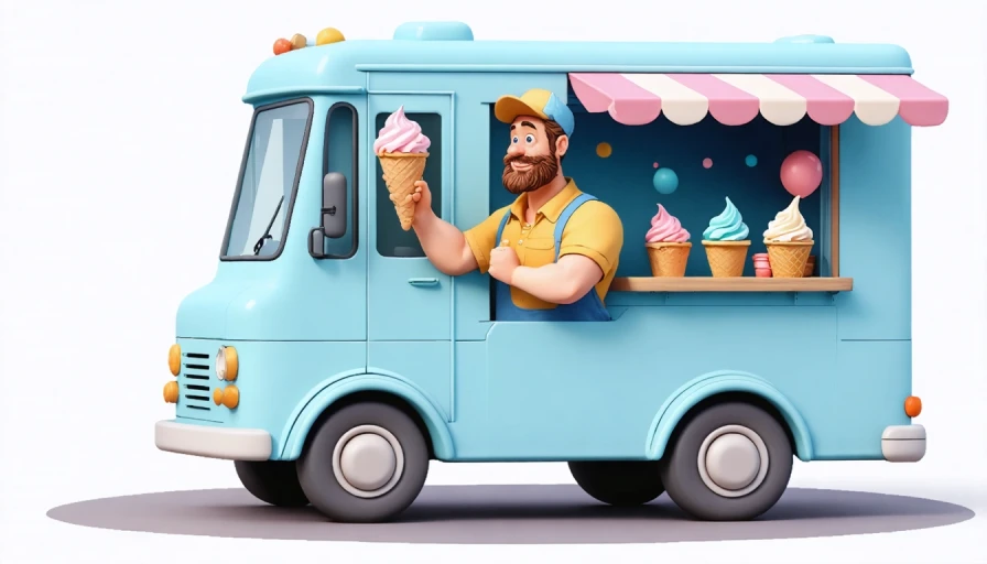 cartoon image of a man in an ice cream truck handing out ice cream. The cartoon style should be in the era of the 1950