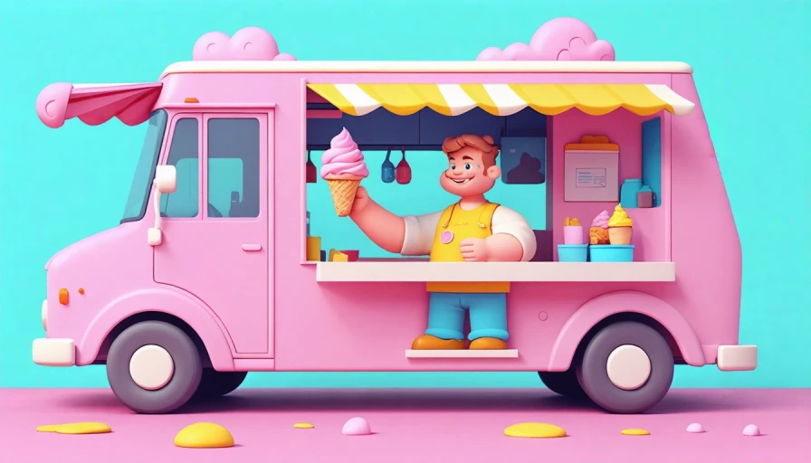 cartoon image of a man in an ice cream truck handing out ice cream. The cartoon style should be in the era of the 1950