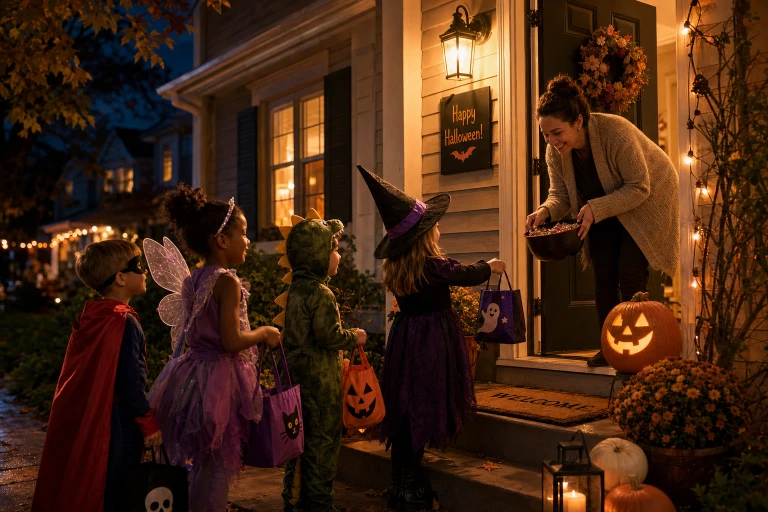 A scene of children in costumes outside of a house trick-or-treating at night. The scene should be warm a inviting.