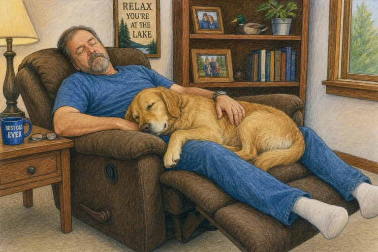 color drawing of a man sleeping on a recliner with his dog