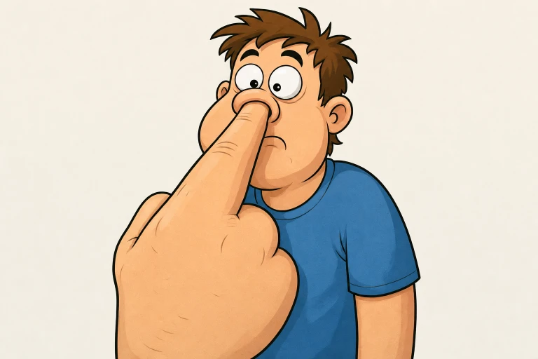 Make a cartoon character picking his nose. The finger picking the nose should be 5 times larger than normal.
