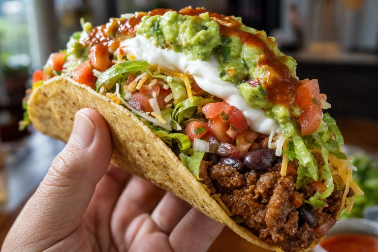A close of a person's hand holding a taco. The taco should be filled to the brim with fixings: meat, cheese, lettuce, sour cream, guacamole, sauce, beans, etc.