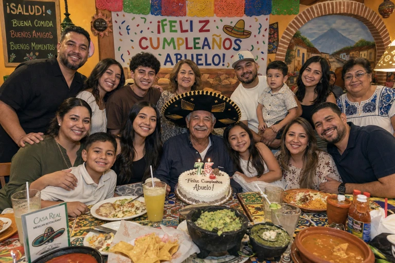 A large family at a Mexican restaurant celebrating the birthday of the grandfather