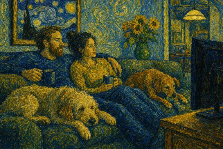 a painting in the style of Van Gough or a modern day adult couple, sitting on the couch, watching TV, with 2 dogs joining them, of the dogs is chewing on a toy