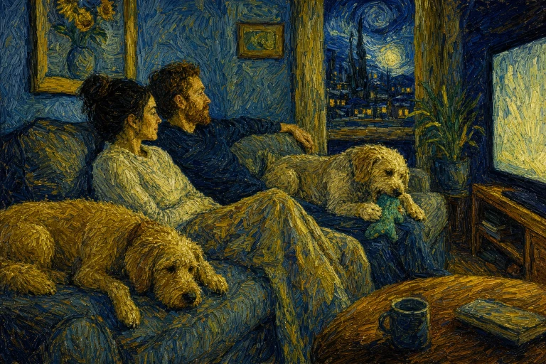 a painting in the style of Van Gough or a modern day adult couple, sitting on the couch, watching TV, with 2 dogs joining them, of the dogs is chewing on a toy